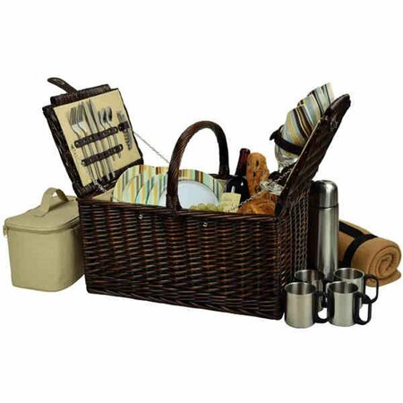 PICNIC AT ASCOT Buckingham Basket for 4 with Blanket & Coffee-Brown Wicker-SC Stripe 714BC-SC